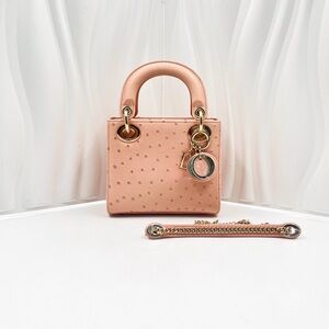 DIOR Lady Dior 3 Grid Bag Blush Ostrich Leather Gold Hardware